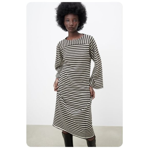 !! Zara Extra Soft Knit Wool Stripe Long Sleeve Dress sz M 100% wool - Picture 2 of 11